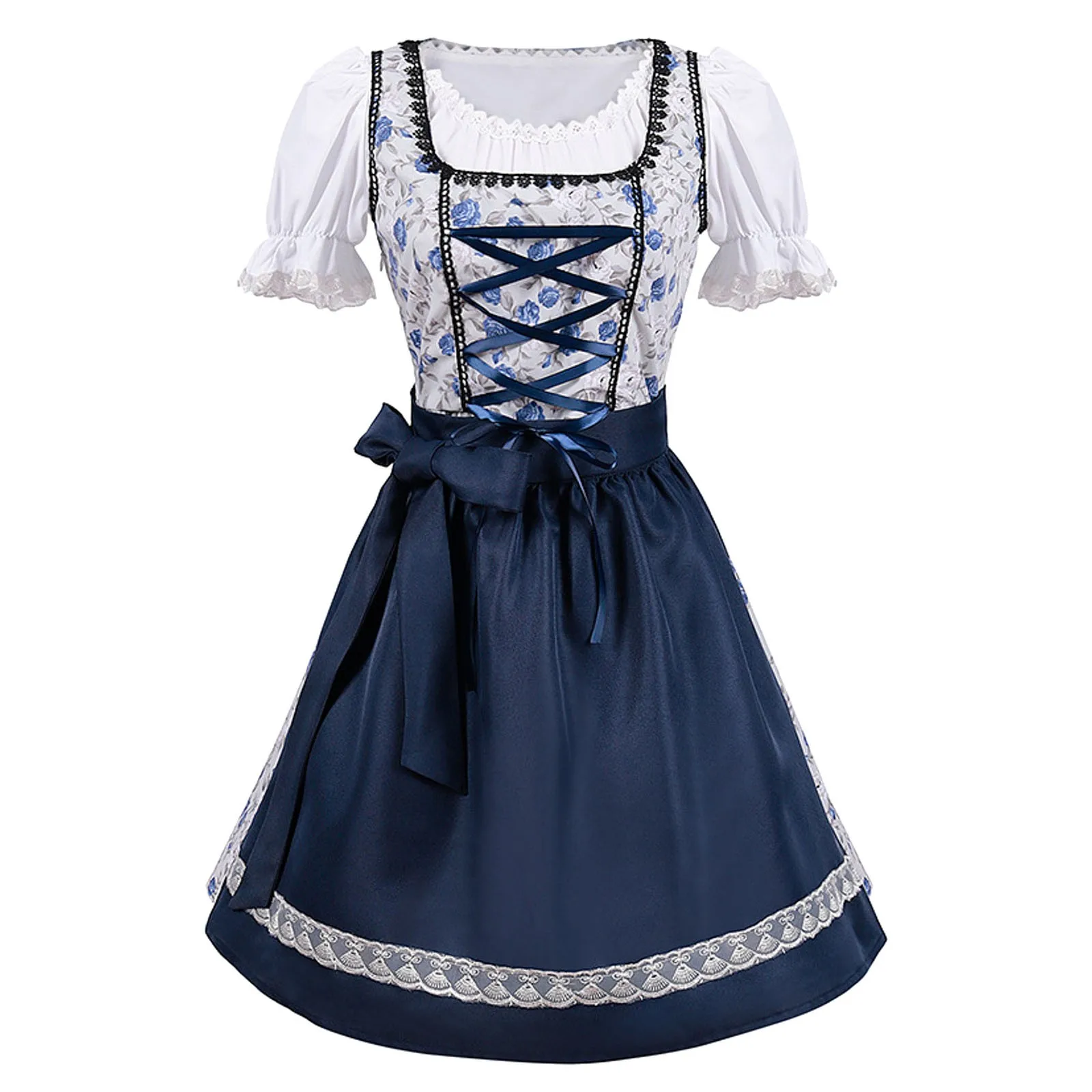 Oktoberfest-Robe à imprimé floral pour femme, patchwork, manches bouffantes, robes de soirée avec tablier, costume de serveuse de bière bavaroise, cosplay Dirndl