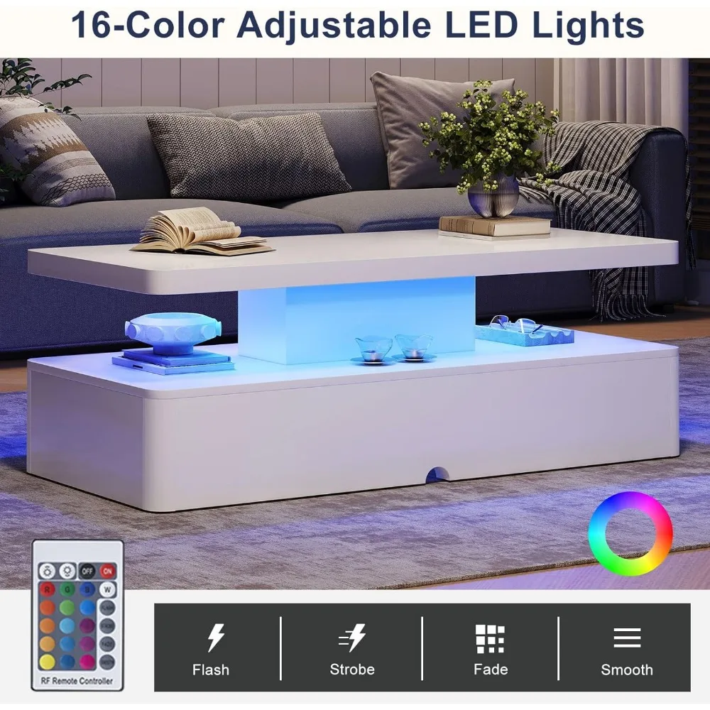 LED-Illuminated Rectangular Coffee Table, 47, 2-Tier Storage, 16 Color Options, Large Capacity Centerpiece