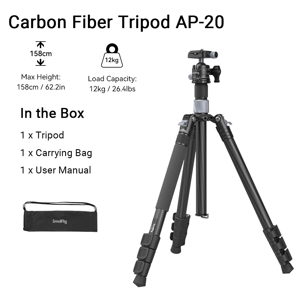 SmallRig koolstofvezel statief met middenkolom AP-20 voor Sony DSLR-belasting 12 kg met 360 ° Panorama Balhoofd Quick Release 4059