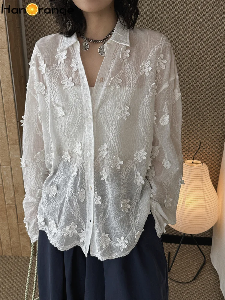 HanOrange 2026 Spring Simple Fashion 3D Flowers Micro Transparent Cardigan Shirt Women Loose Silhouette Top White