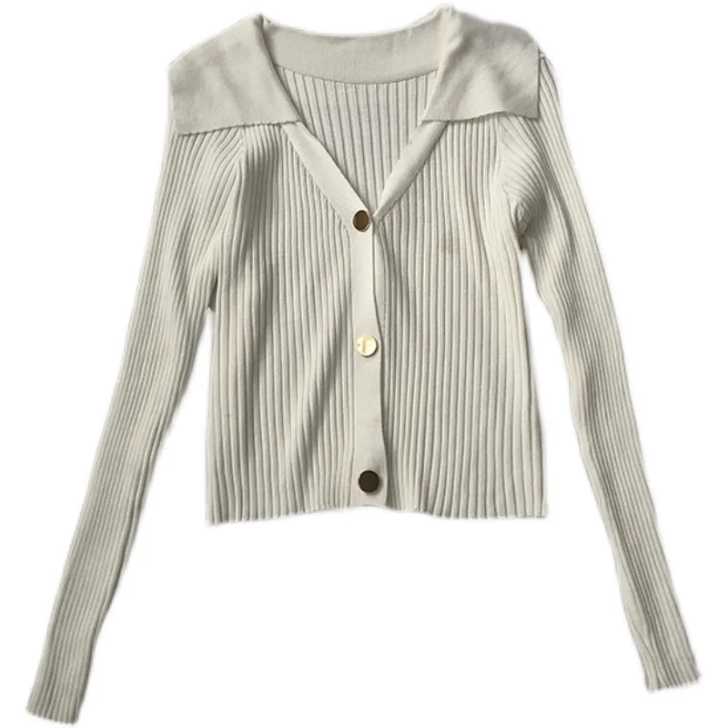Suéteres tejidos de manga larga con cuello vuelto para mujer, cárdigans cortos ajustados de Color sólido con una hilera de botones, novedad de Otoño de 2026
