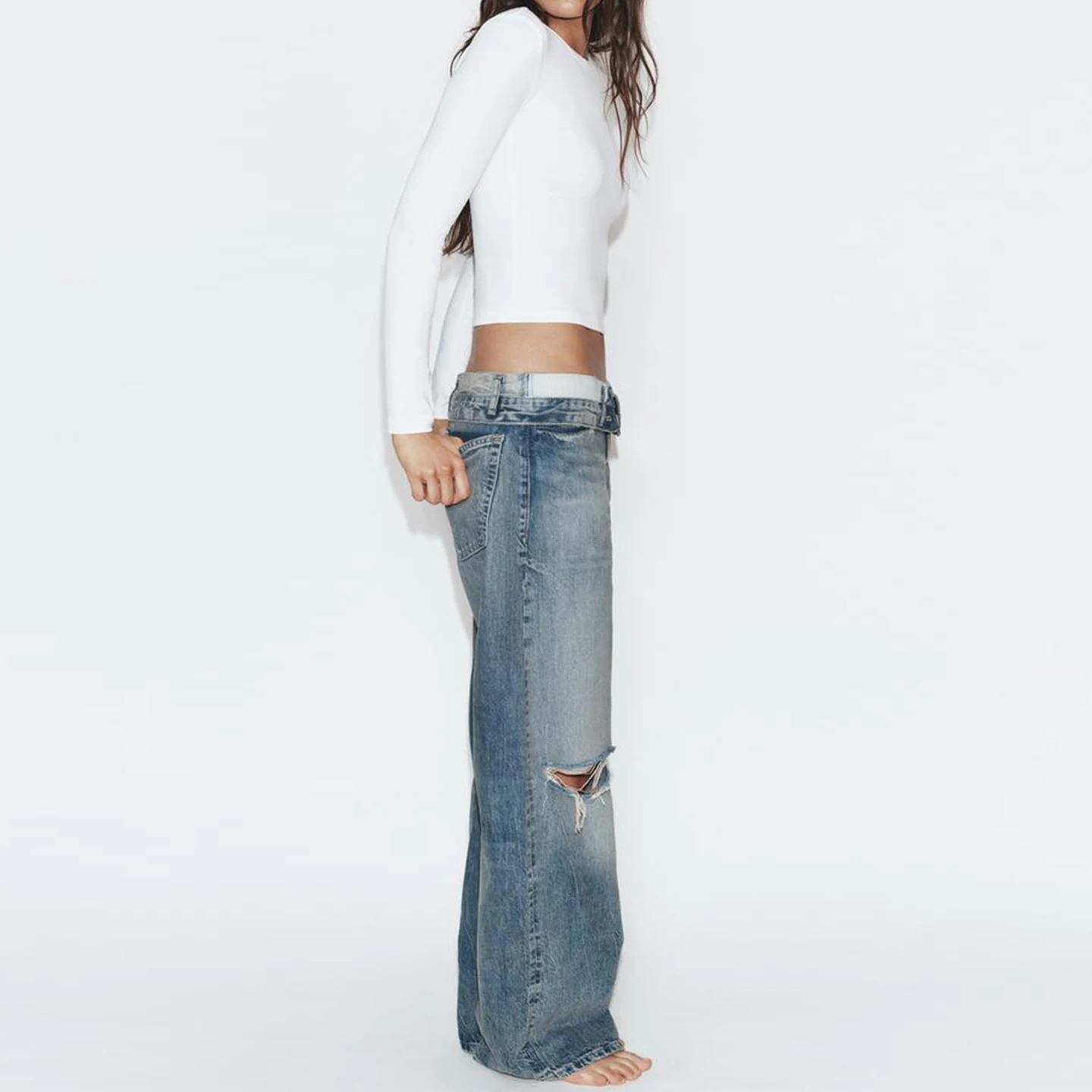 Spring 2026 Women's Straight Leg Jeans Cuffed Natural Waist Torn Denim Pants Casual Comfortable Fit Zadata Brand
