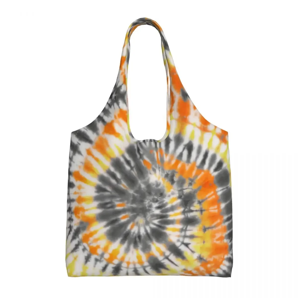 Custom Tie Dye Grey Orange And Yellow Shopping Canvas Bags Women Washable Big Capacity Groceries Dyeing Art Shopper Tote Bags