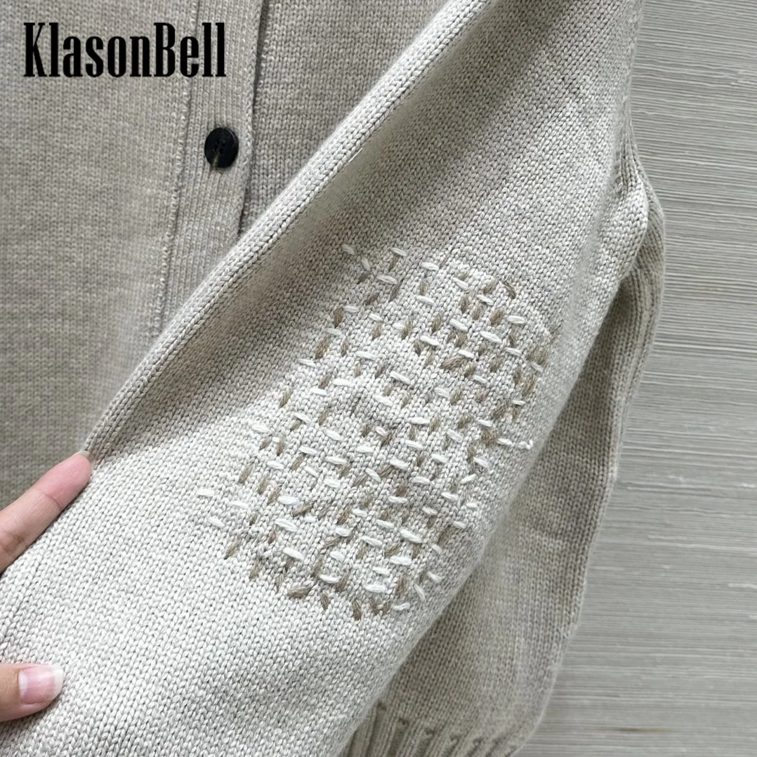 8.24 KlasonBell Women Classic Hand Stitched Embroidery Decoration Wool Cashmere Knit Simple Loose O-Neck Single Breasted Coat