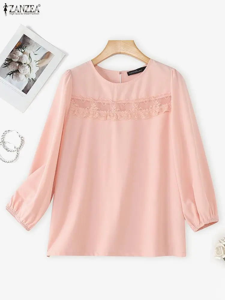 

2025 ZANZEA Women Elegant Long Sleeve OL Work Blouse Autumn Lace Crochet Shirt Female O Neck Blusas Tunic Stylish Patchwork Tops