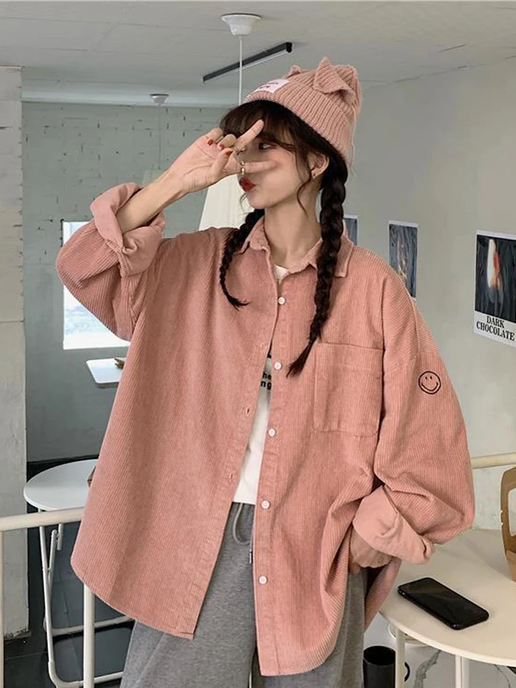 Zoki Harajuku Retro Women Corduroy Shirt Outwear Korean Oversize Loose Casual Blouse Spring Female Long Sleeve Embroidery Tops