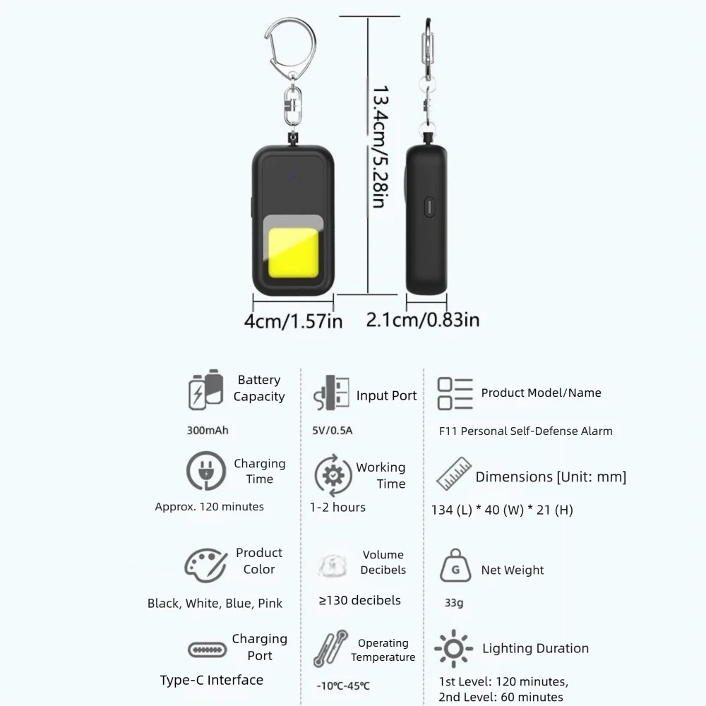 130 DB Safe Sound Personal Alarm LED Strobe Light Low Battery Notice Self Defence Alarm Keychain with Hanging Hook Waterproof