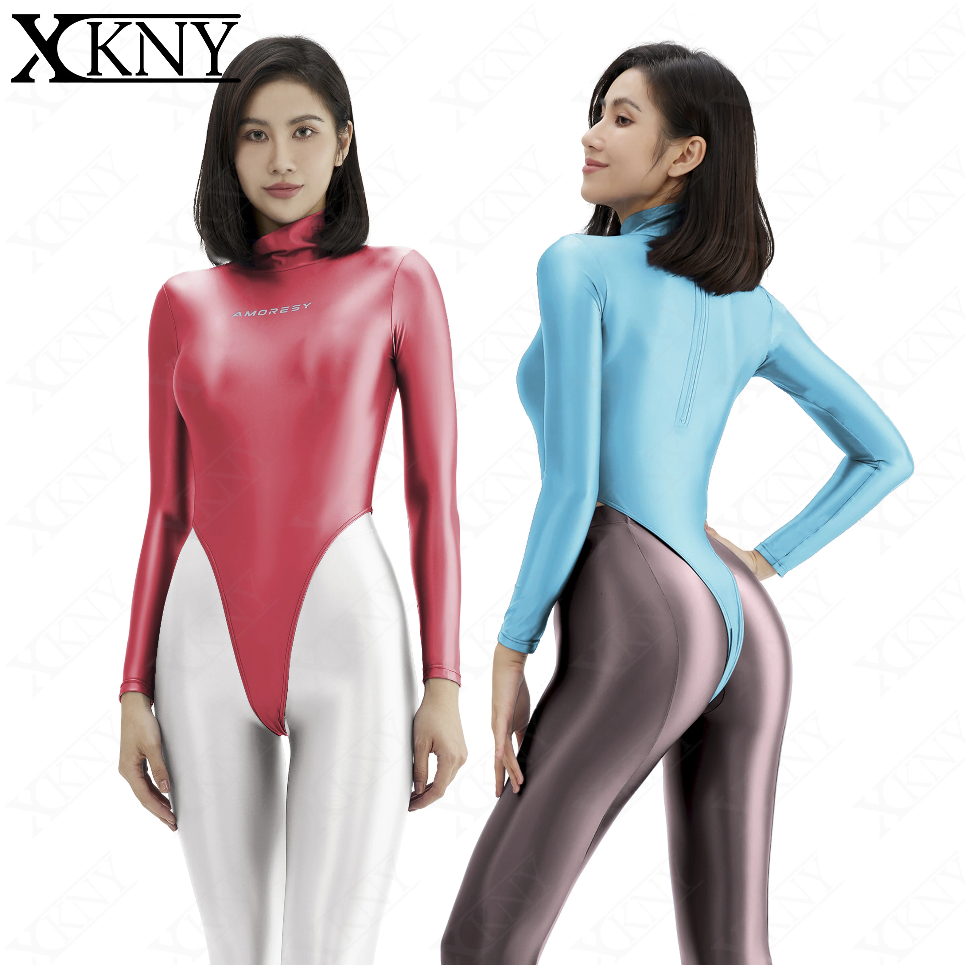 XCKNY One piece T-shaped swimsuit women\'s sexy tight gloss high fork long sleeve swimsuit solid T-shirt amoresy