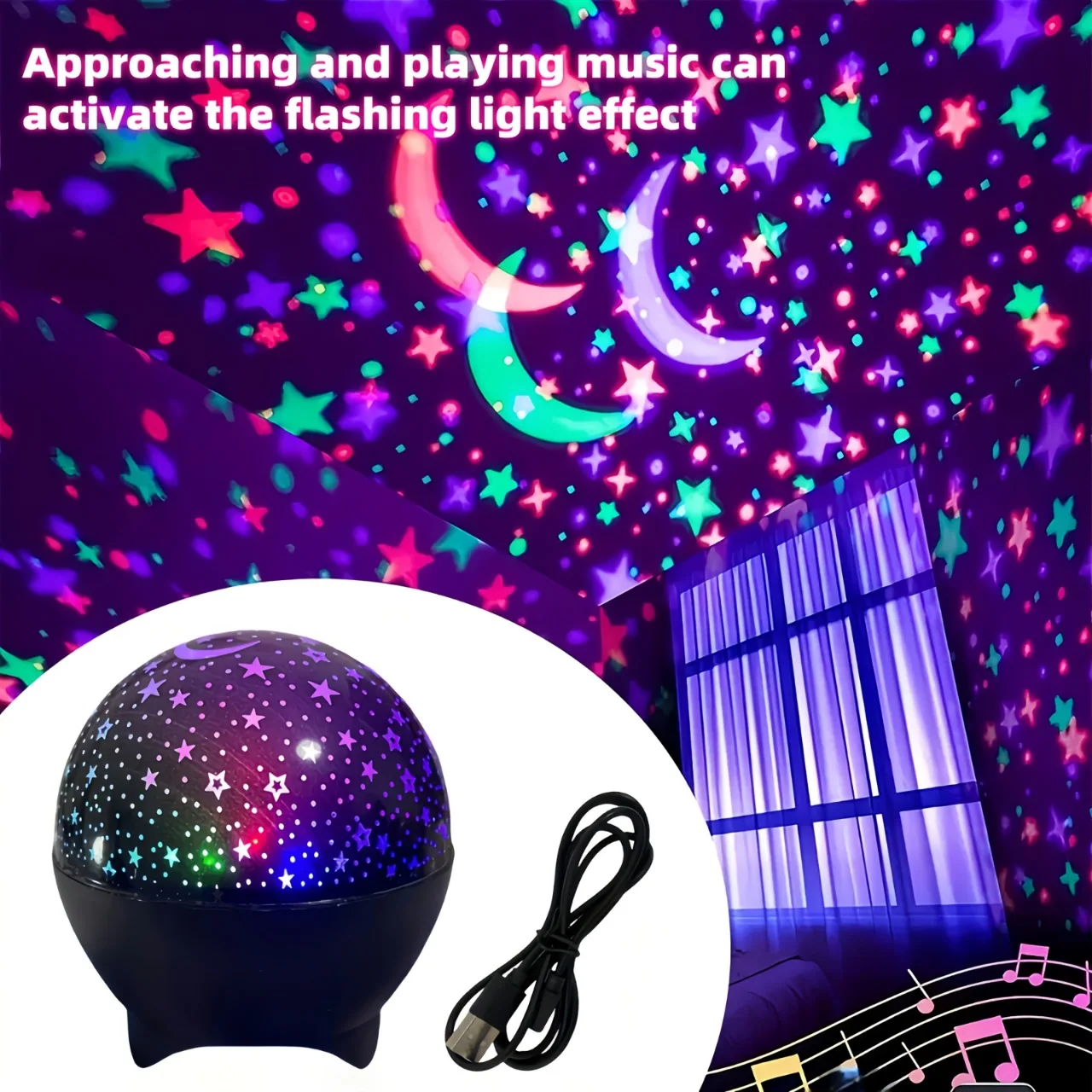 Proyector de luz de cielo estrellado y Luna, 7 modos, luz LED nocturna, luz estroboscópica colorida USB, enchufe USB para decoración de galaxia de fiesta en habitación de niños