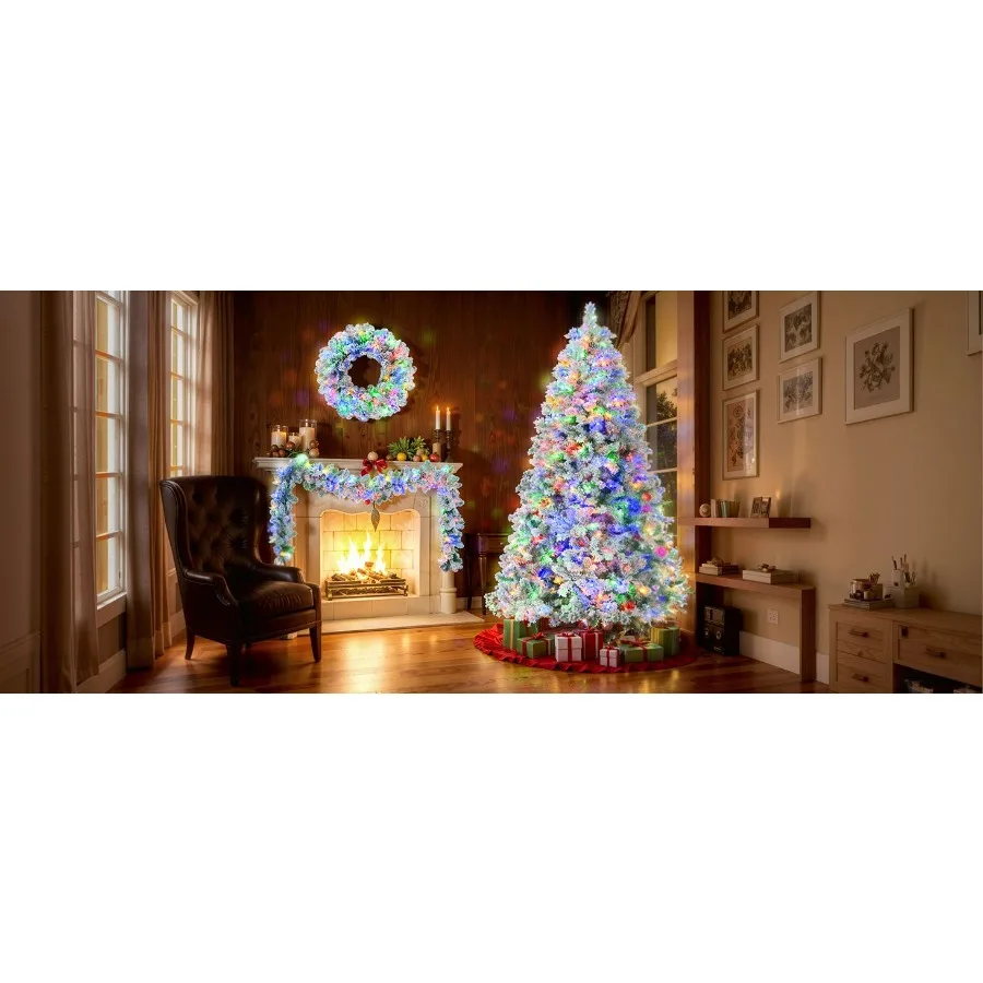 Arbre de noël floqué de neige de 6 pieds, ensemble pré-éclairé avec guirlande d'arbre, couronne, arbre de noël artificiel à charnière avec lumières LED colorées, 8 lumières