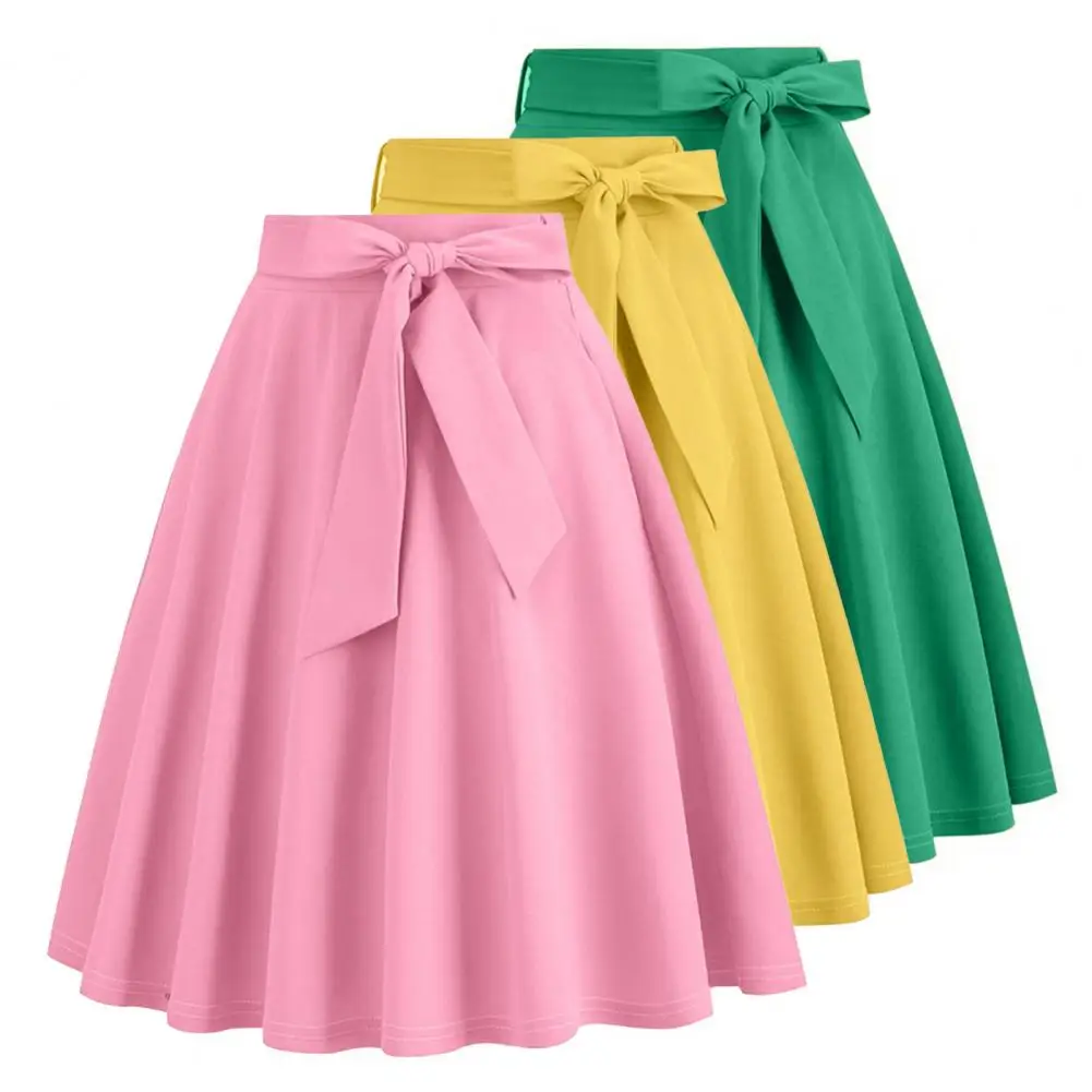 

Summer Women's Skirts Mini Elastic Pleated Sun Skirts Solid Color High Waist Ruffle Flared Midi Skirt Bow Deocr Party Skirts