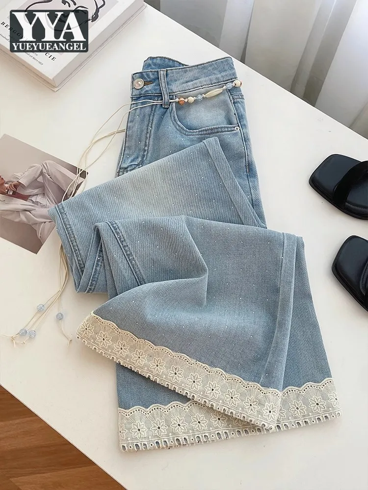 

Fashion Elegant Women Shiny Diamonds Lace Spliced Straight Pants Office Ladies Casual Work Denim Jeans Slim Fit Wide Leg Pants