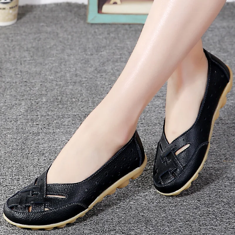 Sapatos baixos de couro respirável para mulheres, sapatos macios, sapatilhas casuais, sapatos femininos, novo, 2023