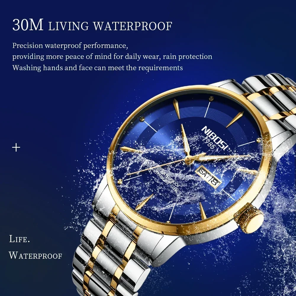 NIBOSI 2024 New Luxury Watch Business Waterproof Male Clock Luminous Week Date Stainless Steel Quartz Men Watches Reloj Hombre