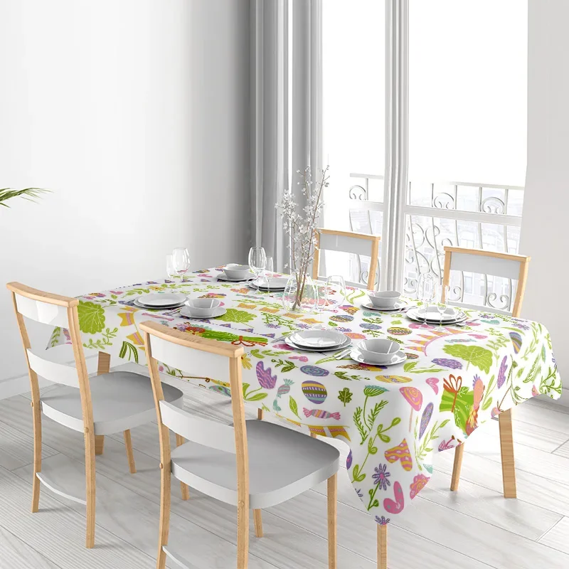 Blisse tropicale : fond blanc avec nappe à motif de plantes et de fruits vibrants pour un espace de salle à manger animé