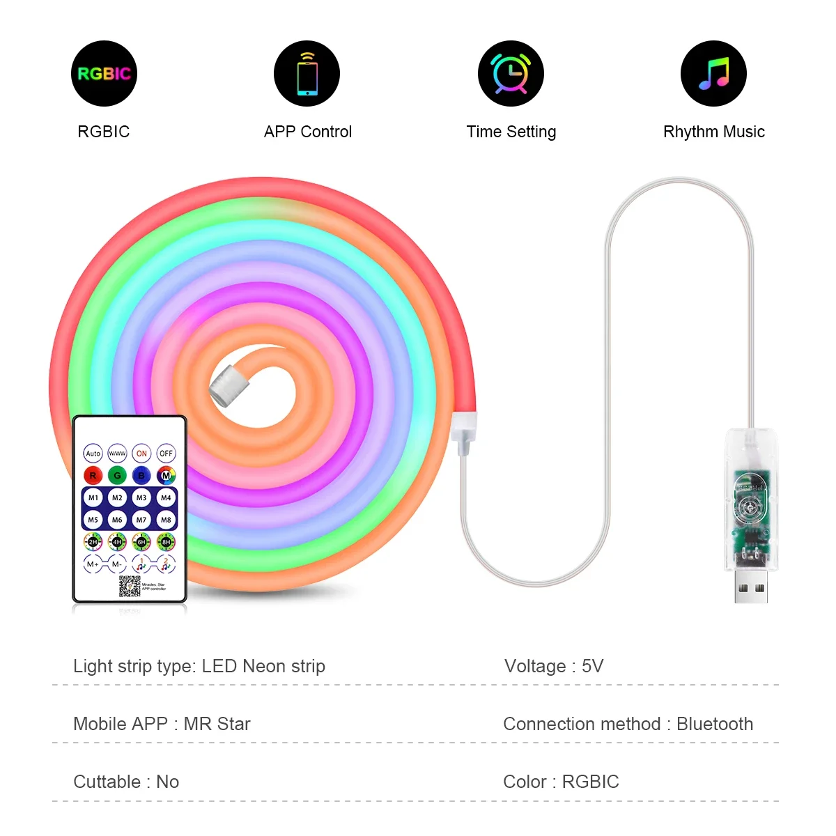 Flowing Pursuit Dream Color LED Neon Strip Light Music Rhythm Sync Waterproof Bluetooth RGBIC Ambient Party Decor Lamp USB Gifts