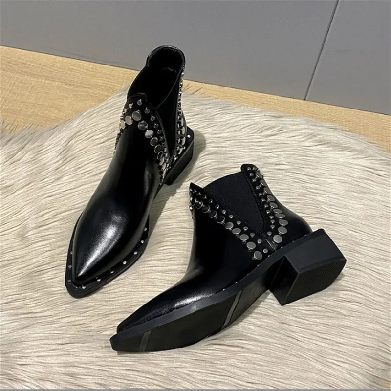 Autumn Winter Woman Shoes Boots Black New Rock Pole Dance Rivet Chunky Heels Western Pointed Toe Chelsea Short Boots Trending