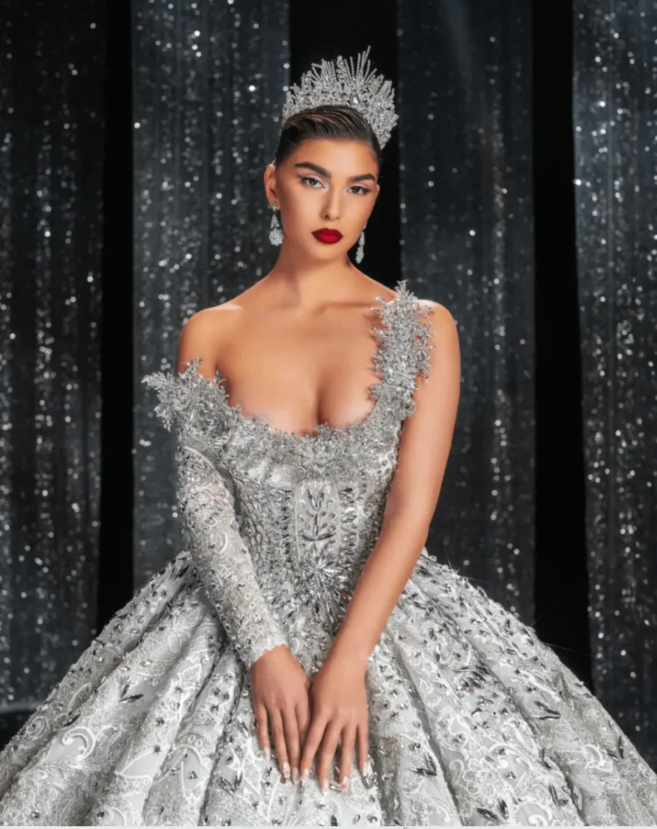 Luxury Heavy Industry Lace 3D Water Diamond Women's Wedding Dress Sexy One Shoulder Bridal Dress Robe De Mariage Customized