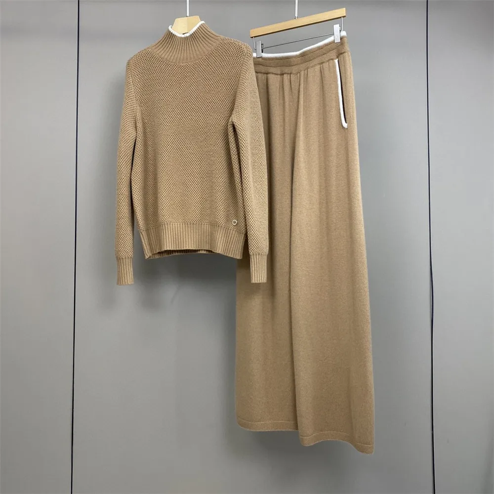 L*P High Collar ContrastColor Knitted Sweater + Elastic Waist Wide Leg Pants Cashmere Suit for Female 2 Piece Set