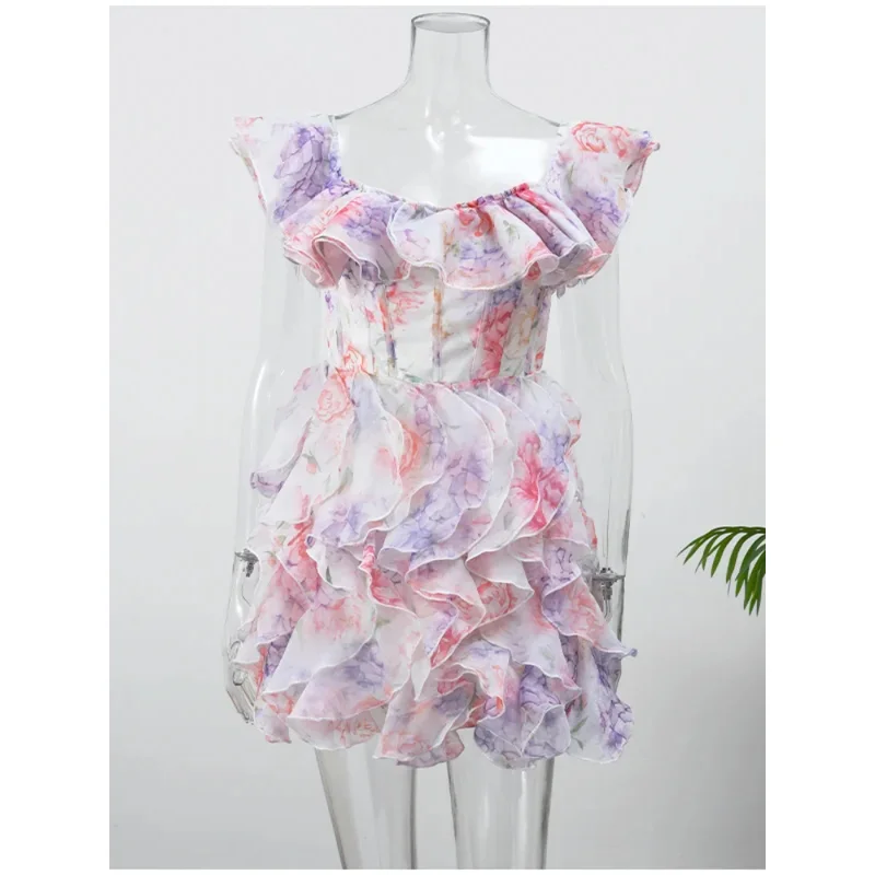 JINIA Floral Mesh Mini Dress Ruffles Pleated Sleeve Sexy High Waist A-line Beach