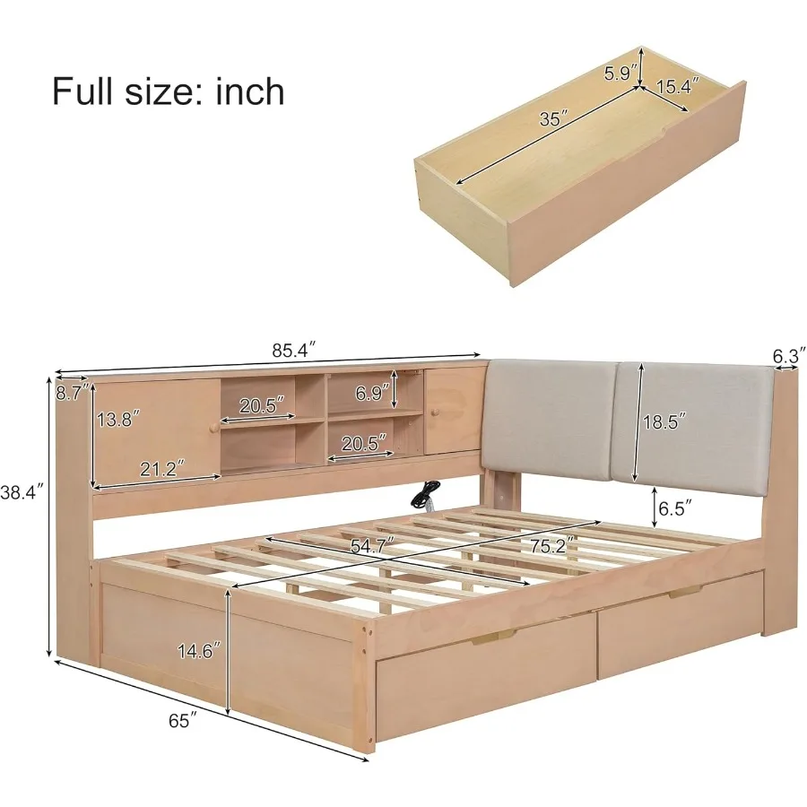سرير نهاري خشبي كامل الحجم على شكل حرف L خزائن كتب سرير نهاري سرير زاوية مع أبواب منزلقة منجدة على اللوح الأمامي وسحب سفلي