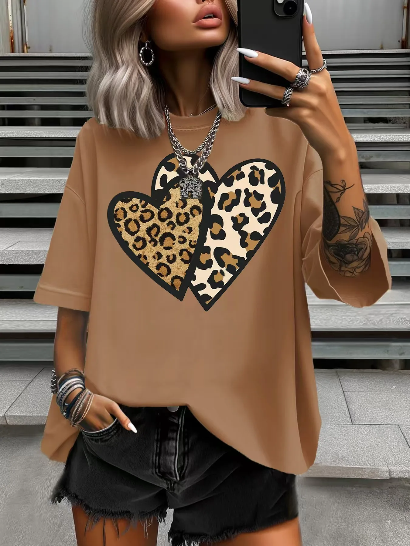 

Summer Women's Plus Size T-Shirt Original Design Fashion Leopard Print Love Printed Women's Casual Round Neck Short Sleeved Tops