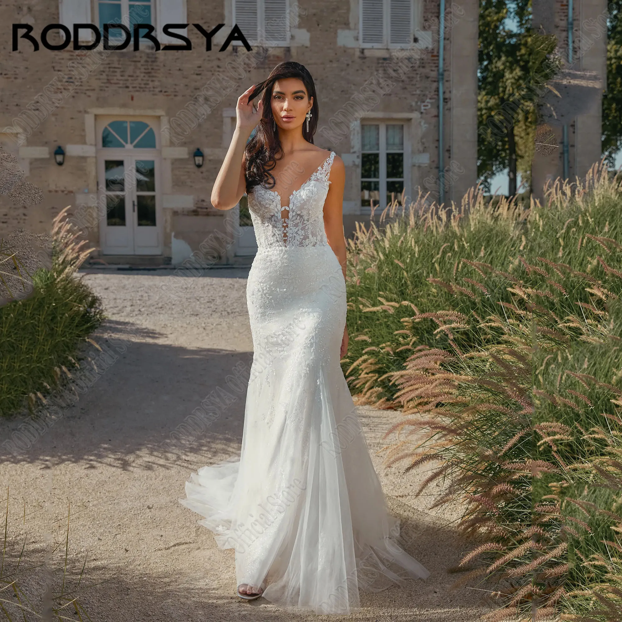 

RODDRSYA Luxury Sleeveless Wedding Dress For Woman V-Neck Mermaid Bride Gown Beading Backless Bride Dresses Vestidos De Novia