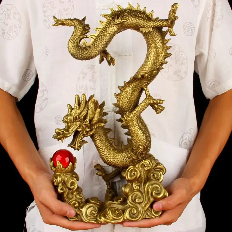 Zodiac Dragon Sculpture, Pure Copper Auspicious Dragon, Home Living Room Desk Office Decor Crafts Gold Wood Water Fire Soil, 1Pc