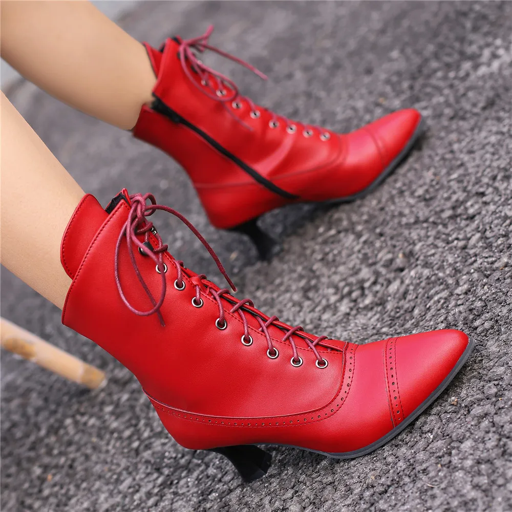 2024 New Lace Up Ladies High Heel Shoes Strange Steampunk Boot Victorian Ankle Boots Women Pointed Toe Thick Soled Short Boots