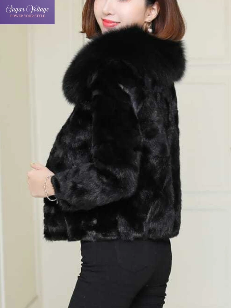 

Роскошное французское пальто из искусственного норкового меха для женщин, короткая приталенная куртка с воротником из лисьего меха, теплая шикарная зимняя модная повседневная верхняя одежда