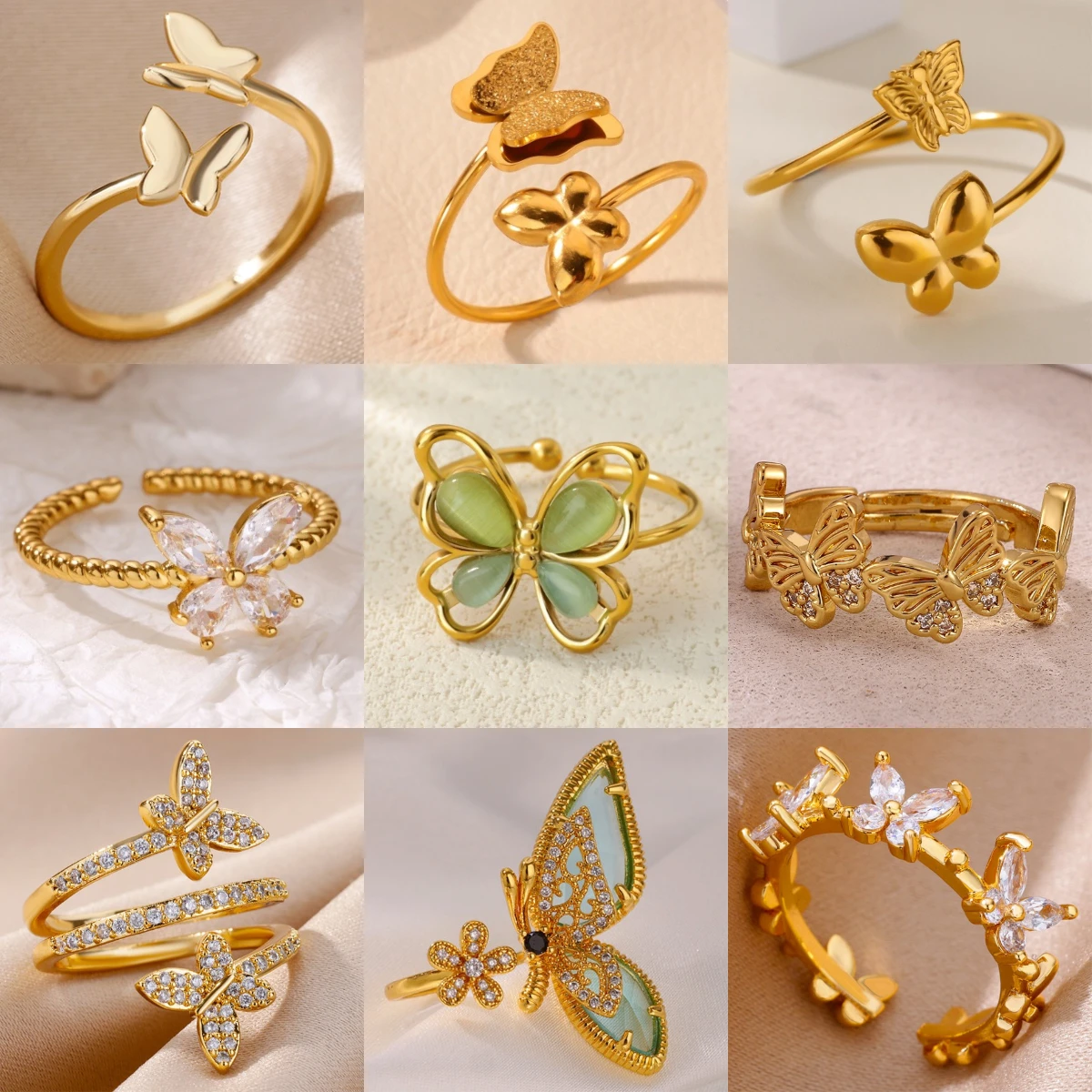 10 Styles Frosted Butterfly Ring for Women Mama 18K Gold-plated Stainless Steel Anti Fading Rings Wedding Jewelry Accessories