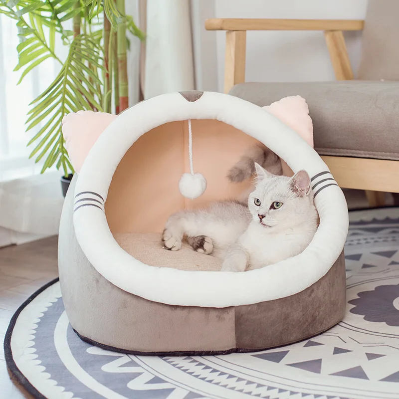 Cama cerrada de terciopelo para gatos, desmontable, para invierno, con alfombra y comedero para gatos