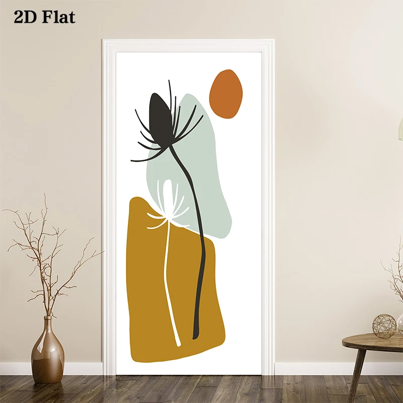 Abstract Boho Line Art Door Sticker Full Door Covered Wallpaper Self-adhesive Sticker for Floral Wall Decals Home Decoration
