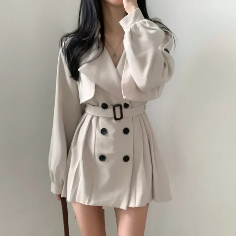 

chic autumn vintage suit collar tie-up midi pleated trench coat dress