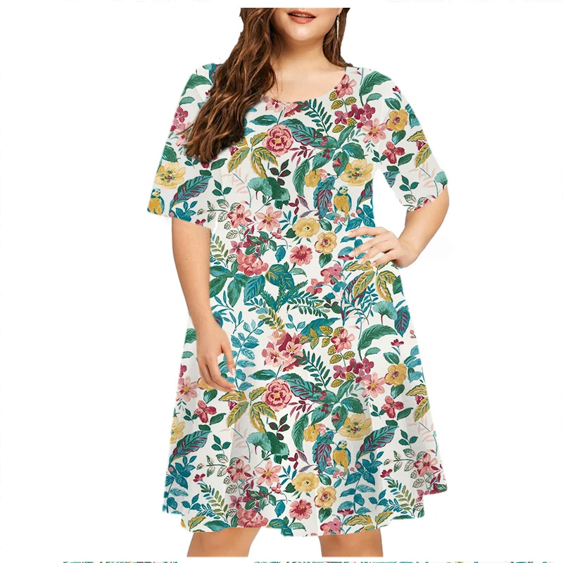 6XL abiti di grandi dimensioni estate pianta fiori stampa donna Plus Size abito manica corta Casual o-collo Mini prendisole abiti da donna