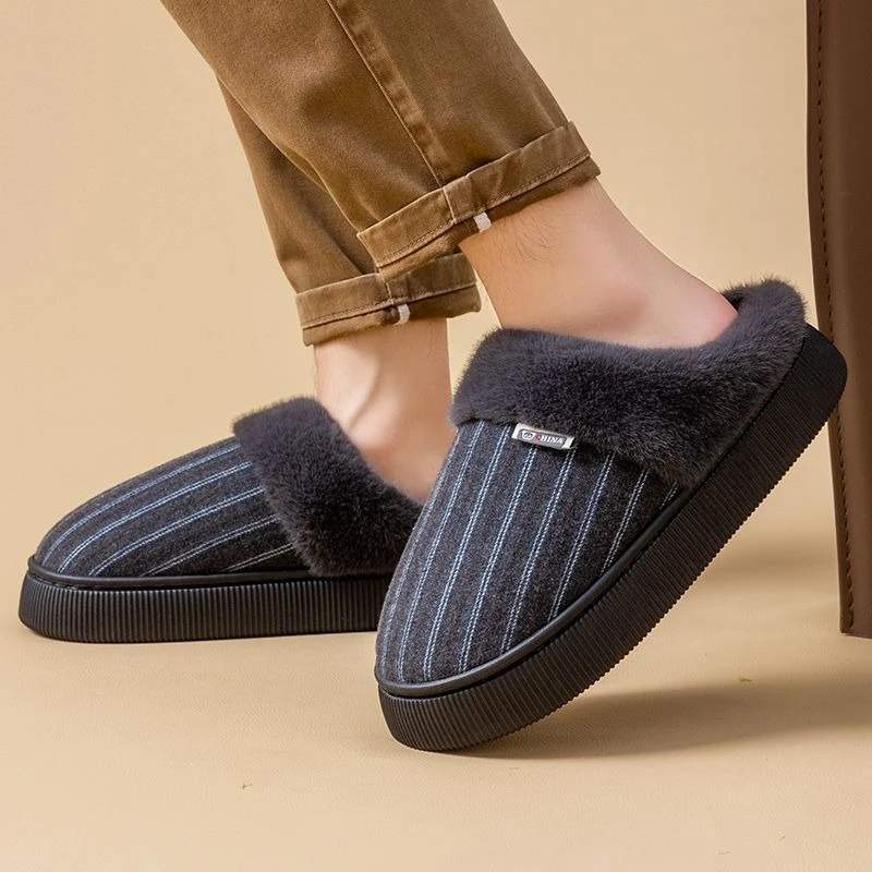 Men Women Plush Cotton Slippers Winter Warm Fuzzy Indoor Home Floor Anti Slip Thick Sole Striped House Shoes Unisex