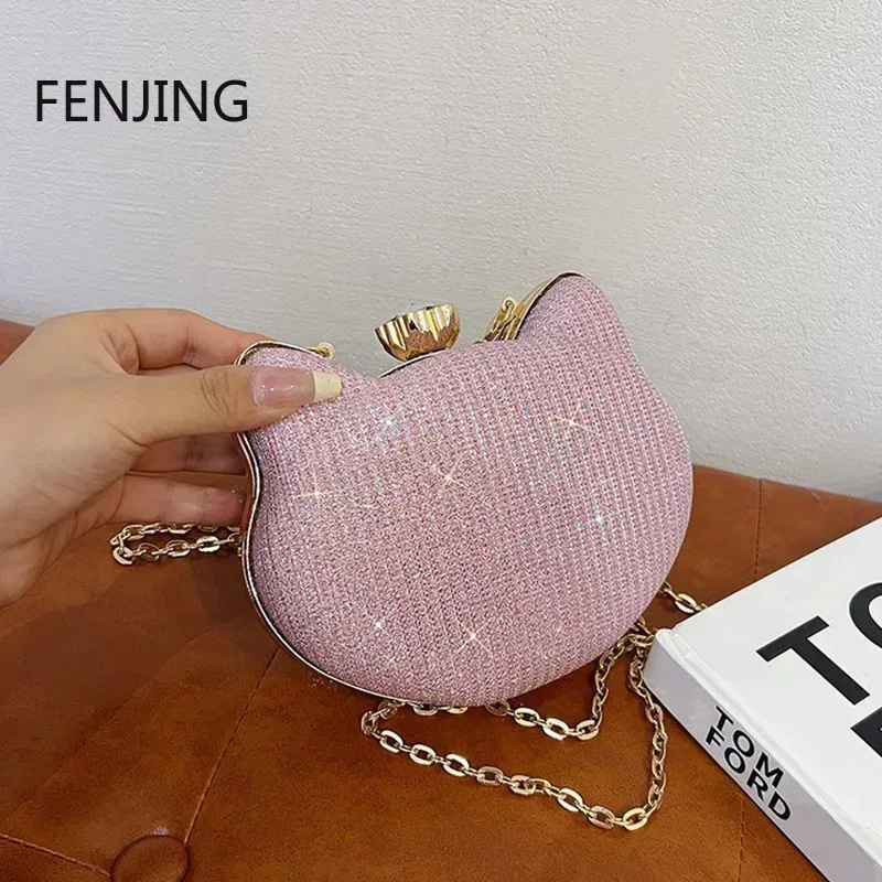 

Evening Clutch Bag Women Shiny Handbag Cat Shape Metal Clutches Fashion Chain Shoulder Crossbody Bag Luxury Lady Party Purse