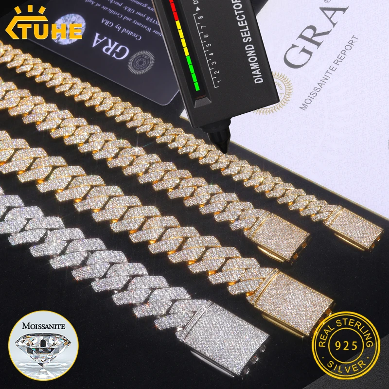 

TUHE High quality Unisex VVS1 D Color Moissanite 8mm -18mm Cuban Chain Bracelet S925 Silver For Men Hip Hop Jewelry