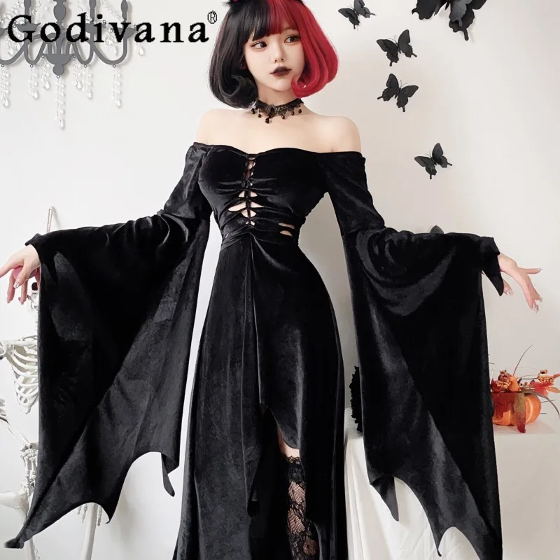 

2025 Dark Gothic Halloween Costume Women's Vampire Grim Reaper Black Long Dress Female Sexy Role Play Cosplay Dress Set