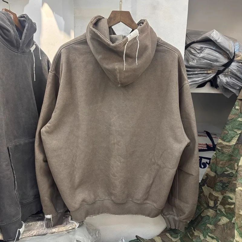 Y2k Streetwear Hip Hop Outside Stitch Tassel Hoodie Washed Vintage Gray Brown Sweatshirts Casual Loose Winter Autumn Pullovers