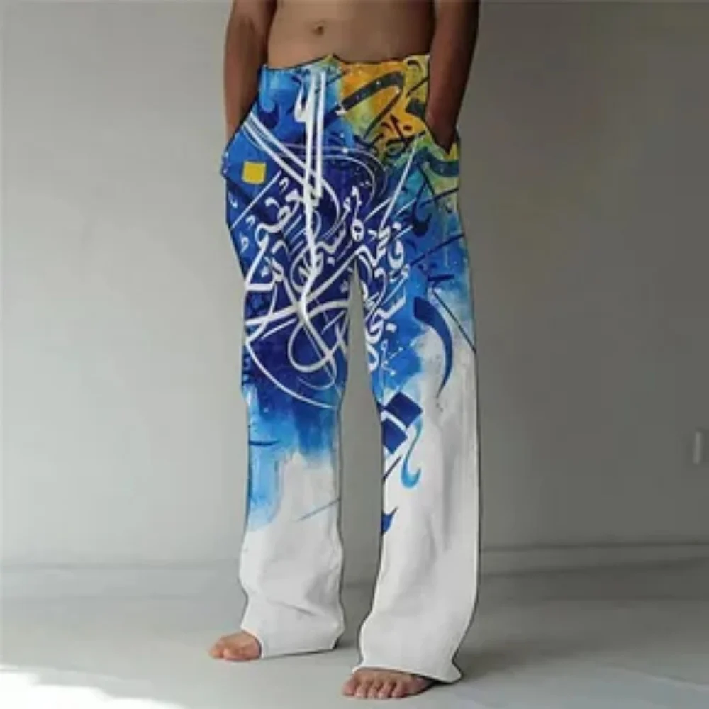 

Лето 202, мужские модные повседневные прямые брюки, высококачественные модные и дышащие пляжные брюки с 3D-синим художественным принтом