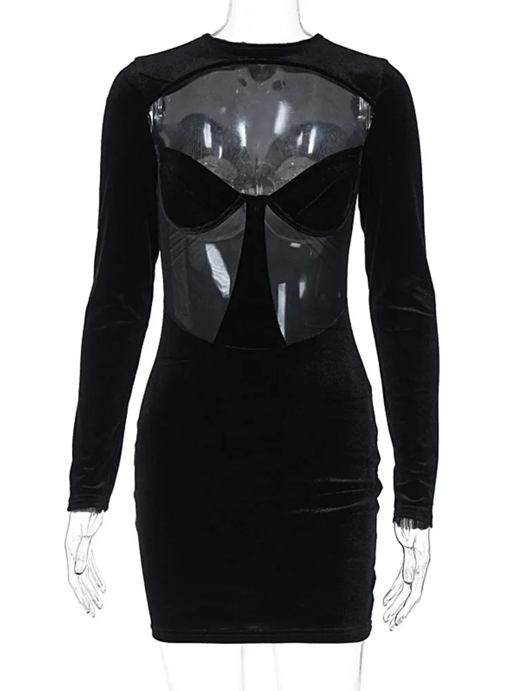 Sexy durchsichtiges Frühlings-Sommerkleid für schwarze Frauen, 2025, Ausschnitt vorne, lange Ärmel, schmale Passform, figurbetonte Kleider, Nachtclub-Party