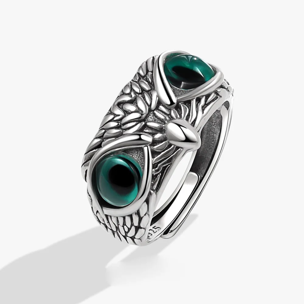 

925 Sterling Silver Geometric Retro Green Eyes Owl Rings for Women Men Simple Fashion Adjustable Handmade Ring Couple Gifts