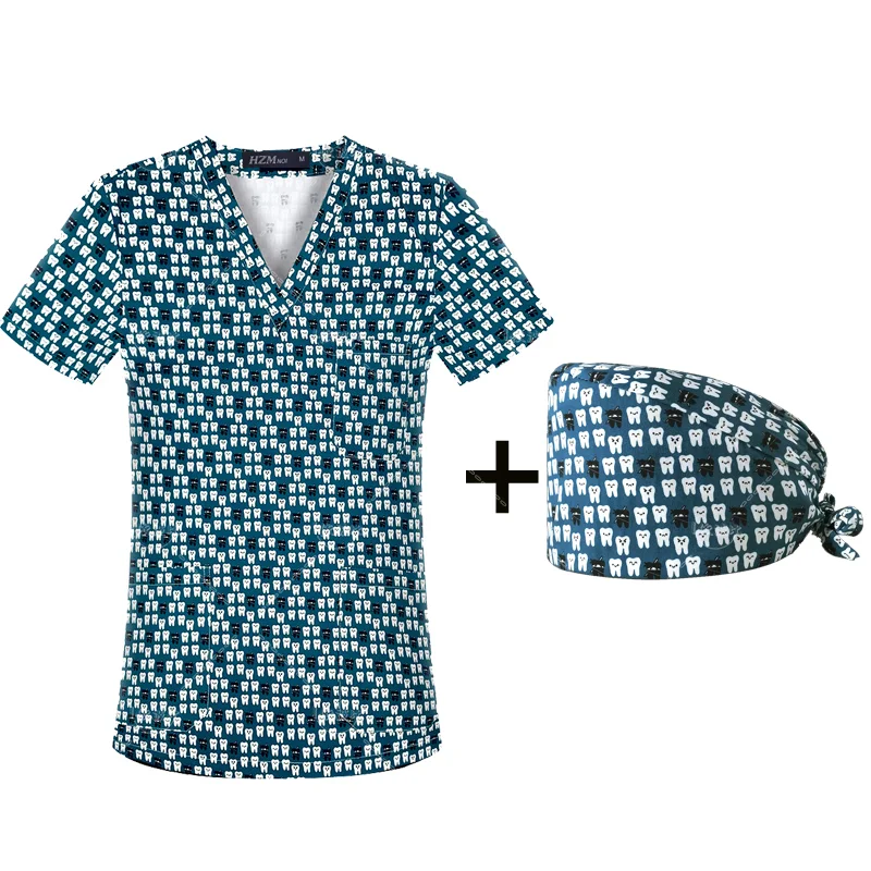 Nurse Uniforms +hats Tooth Women Print Short Sleeve V-neck Scrubs Working Medical Blouse Overalls Nursing Spa Pet Dentistry