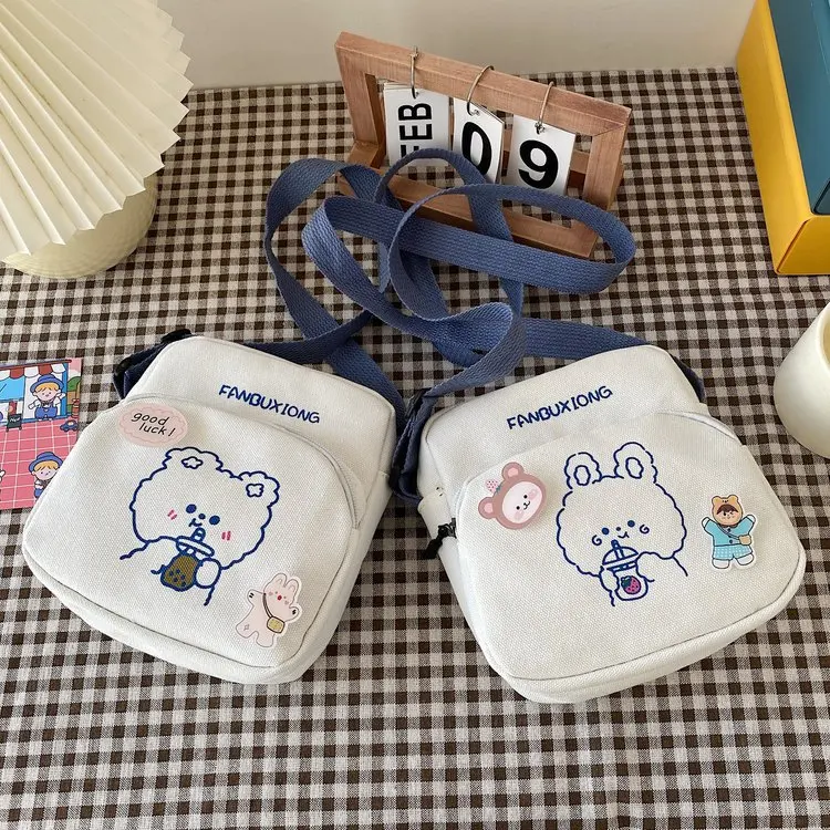 Small Women Canvas Shoulder Bags Korean Cartoon Print Fashion Bear Rabbit Mini Cloth Handbags Phone Crossbody Bag for Cute Girl