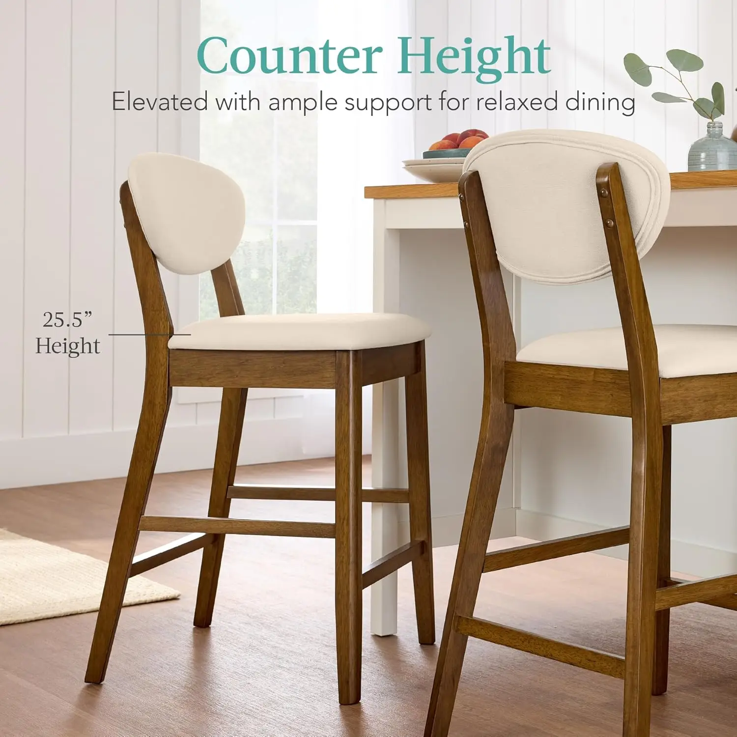 Set of 2 Counter-Height Bar Stools, Mid-Century Modern, Armless Wood Stools W/Upholstered Seat Cushion, Customized