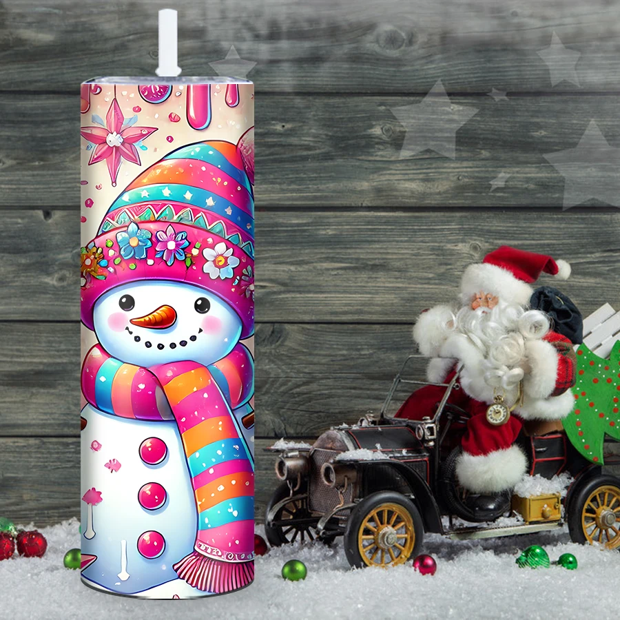 Christmas Water Mugs Straw Lid 1Pc 20oz Stainless Steel Hot Cold Insulated Cups 3D Print Snowman Party Tumblers Birthday Gifts