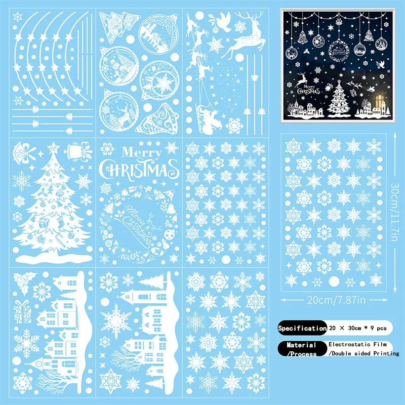 9pcs Snowflake Christmas Window Stickers Reindeer New Year Decal Wall Sticker White Christmas Electrostatic Stickers Decorations