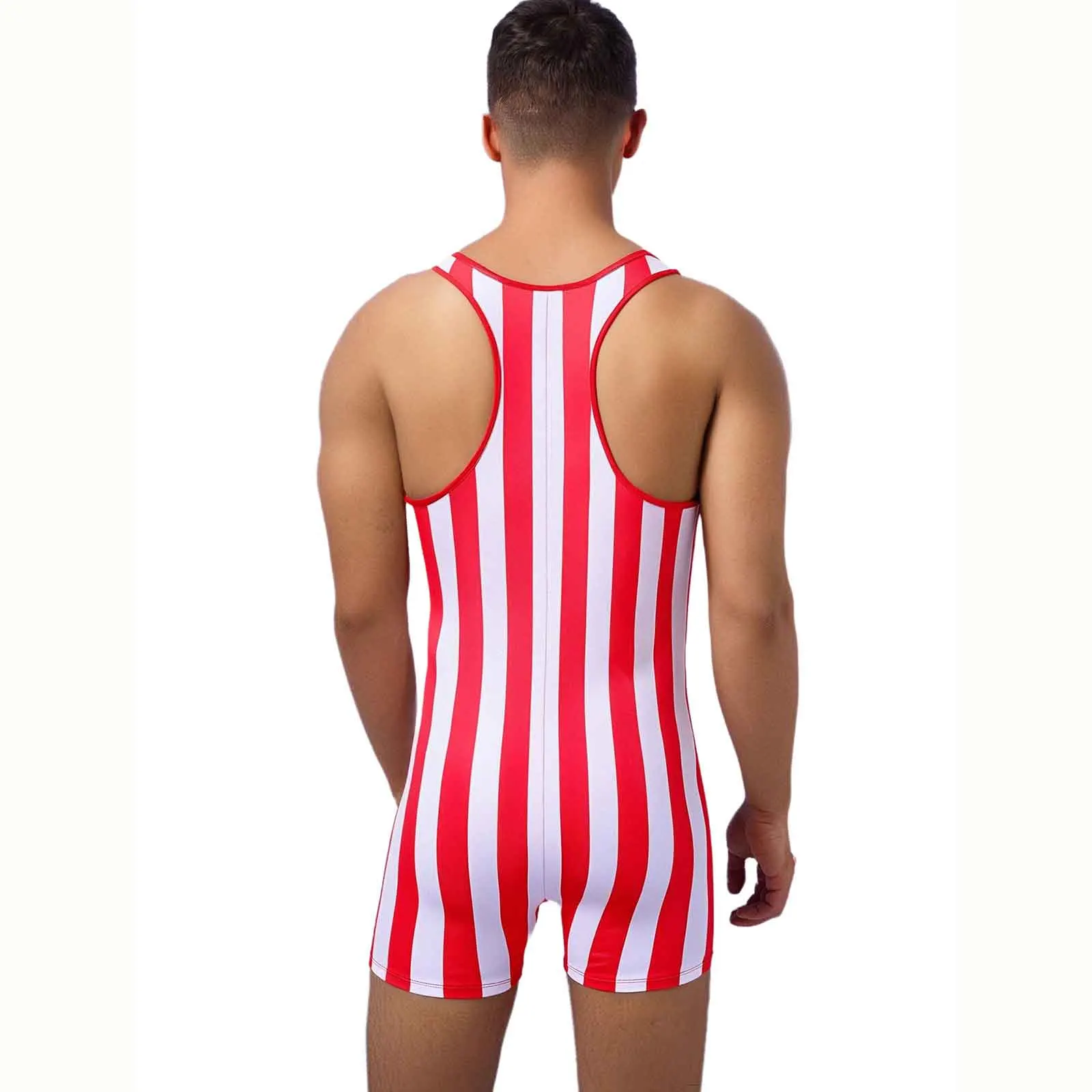 Mens Swim Beach Bodysuit Striped Leotard Wrestling Singlet One Piece Swimsuit for Bodybuilding Competition Stage Show Muscle Fit