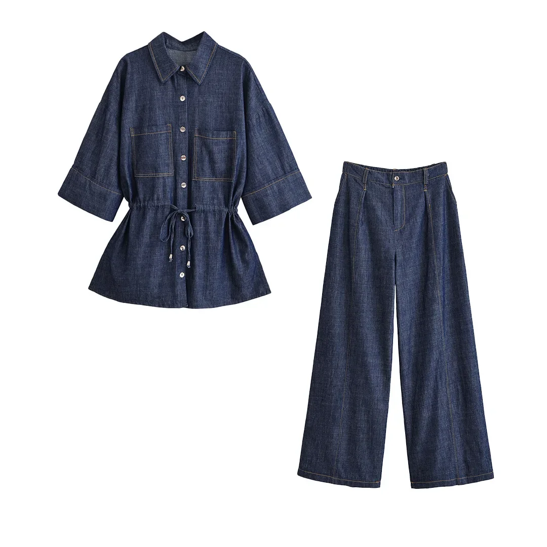 

Spring and Autumn Women Casual Fashion Simple Lapel Long-sleeved Single-breasted Top+denim Wide Leg Trousers Two Piece Set